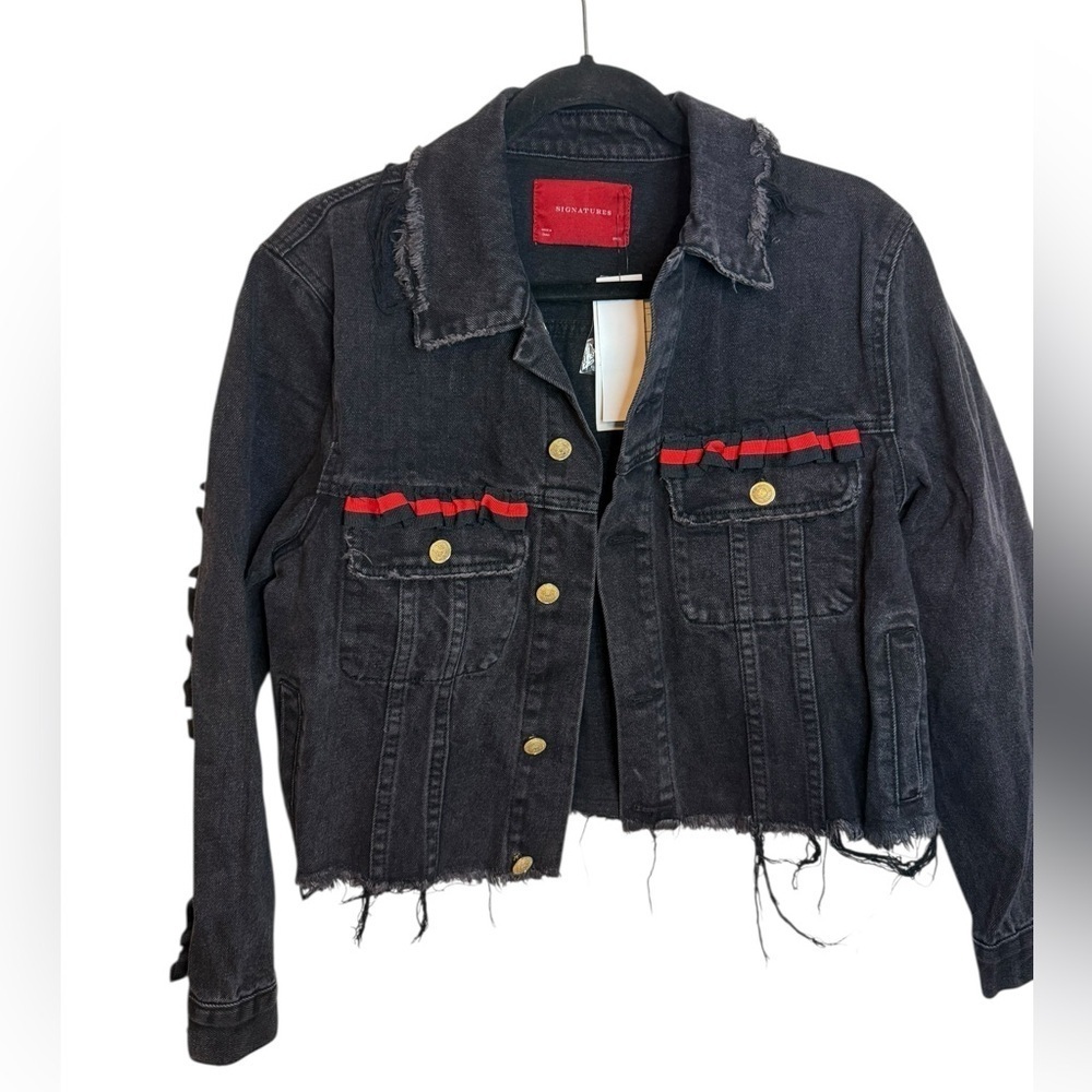 Nwt Signature8 Black Denim Ribbon Trim Distressed Jacket